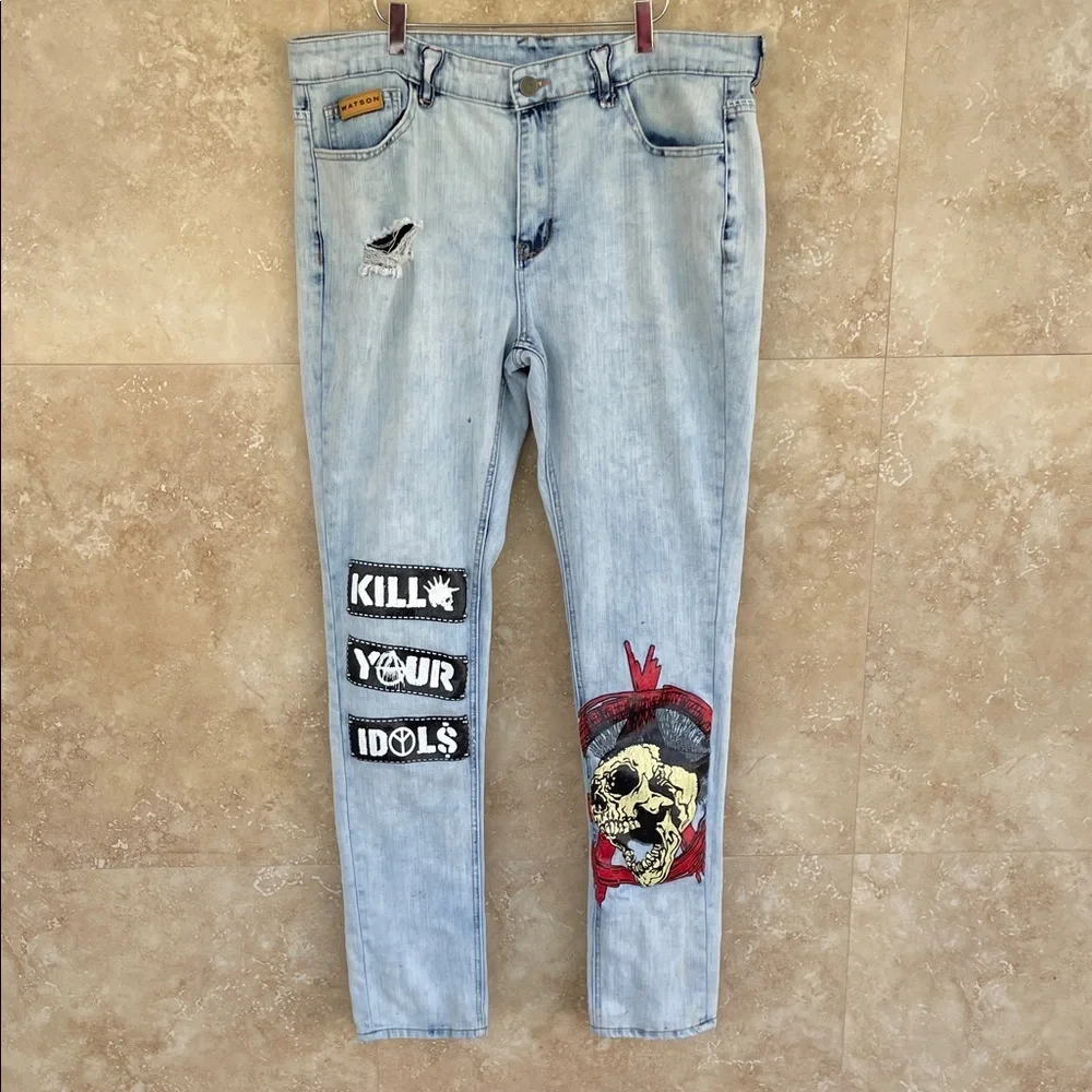 Watson Jeans Size 36 Skull Patch Distressed Punk Slogan Light Blue Graphic Denim